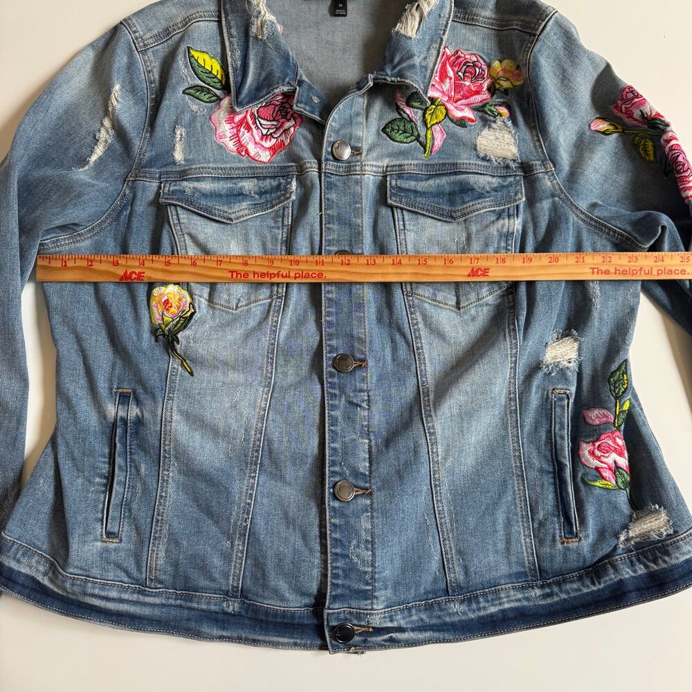 Lane Bryant Floral Embroidered Distressed Trucker Jean Jacket Sashiko Size 20 - Picture 12 of 15